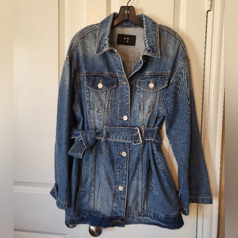 M_M B Stylish Long oversized Denim Belted Jacket Size M